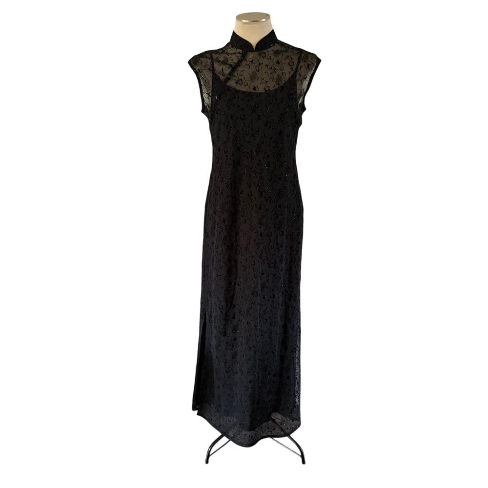 VTG Y2K 2000s Black Shimmer Burnout Velvet Mesh Overlay Quipao Maxi 12 P Whimsy